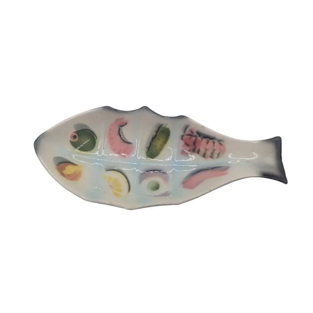 Hand-Painted Ceramic Fish-Shaped Divided Serving Dish With Vibrant Food Motifs